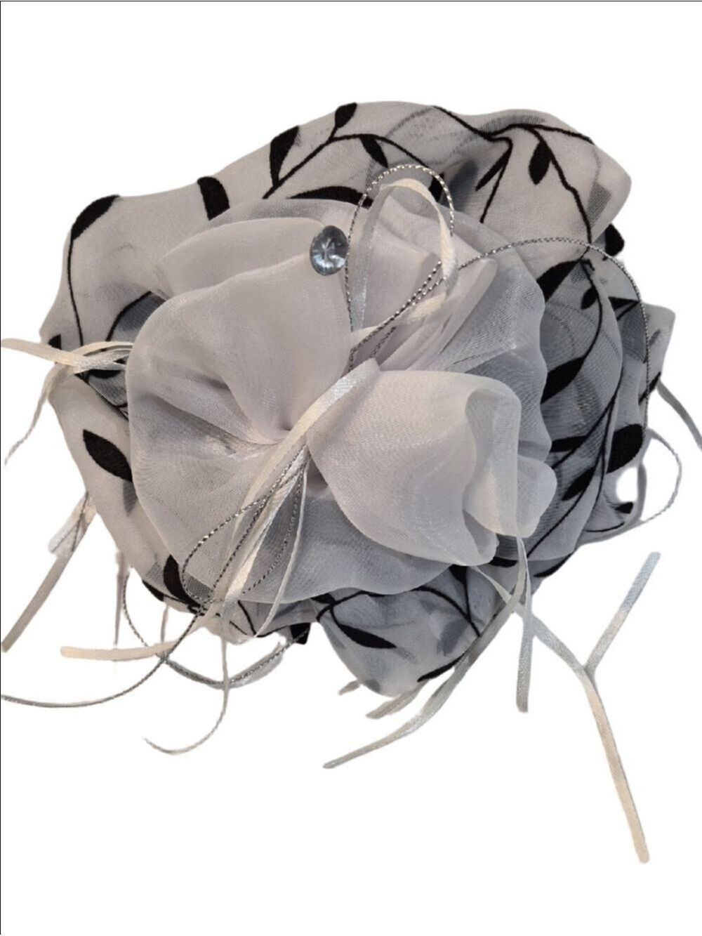 Jumbo  Size Bow Black and White Floral Organza Hair Flower Clip